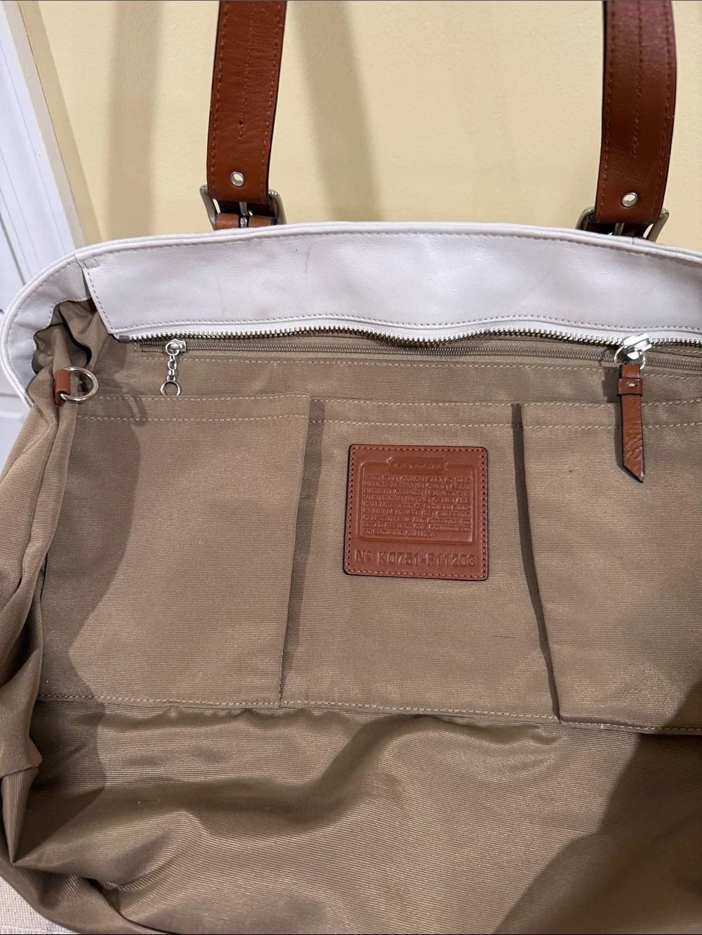 Coach White Leather Tote with Brown Trim and Straps Moms,work, Business Handbag